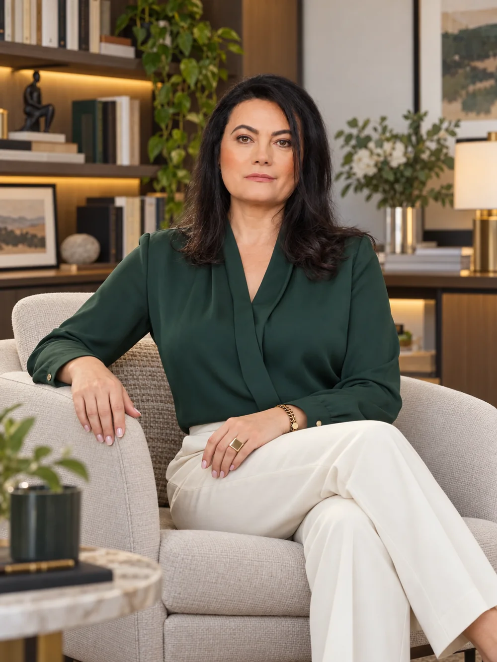Zenir Alves Pascutti sentada em uma poltrona no consultório