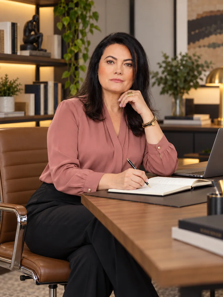 Zenir Alves Pascutti escrevendo em um caderno, na mesa do consultório